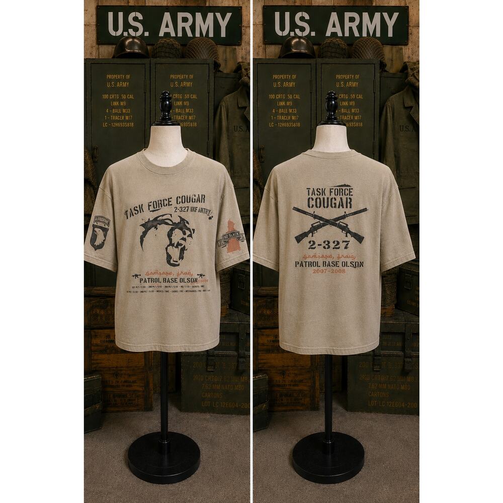 Vintage 2007 Task Force Cougar Army Military Tee Patrol Base Olson L